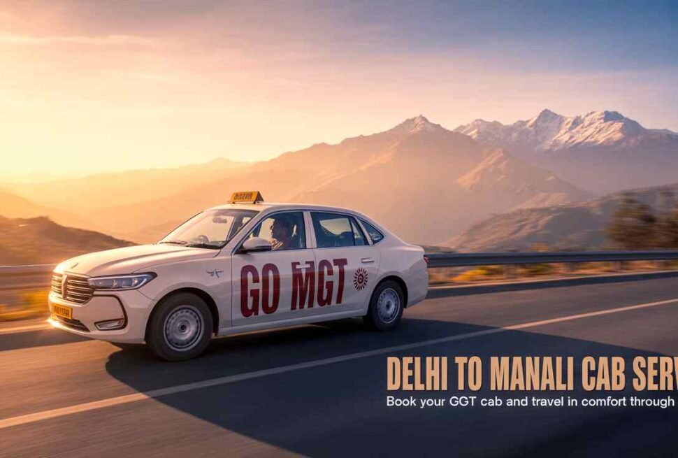White GO MGT cab driving from Delhi towards Manali during sunrise