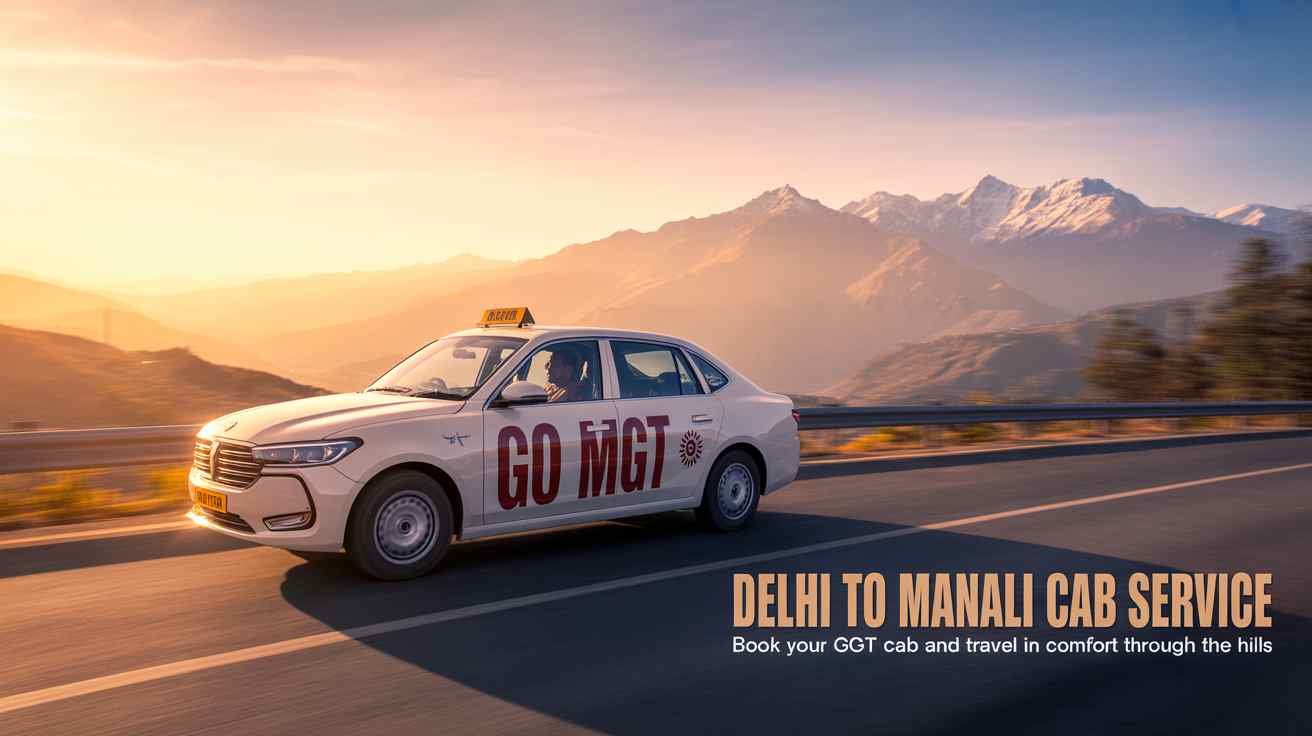 White GO MGT cab driving from Delhi towards Manali during sunrise