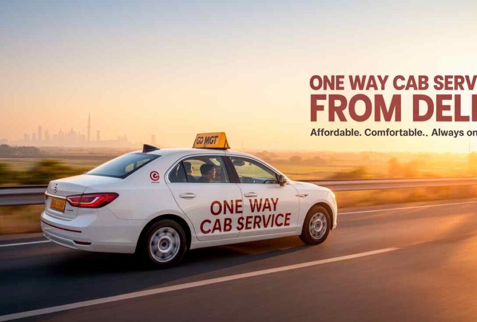 Go MGT cab driving from Delhi highway at sunrise with “One Way Cab Service” text on side