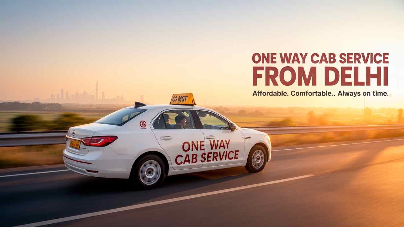 Go MGT cab driving from Delhi highway at sunrise with “One Way Cab Service” text on side