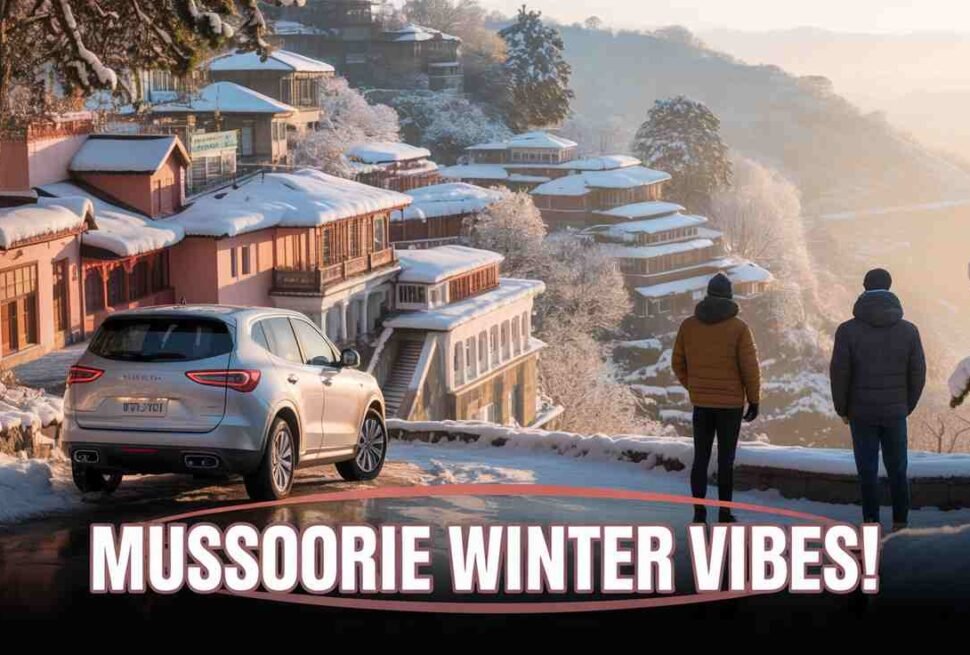 Mussoorie winter vibes with foggy pine forests, cold weather, and mountain views.