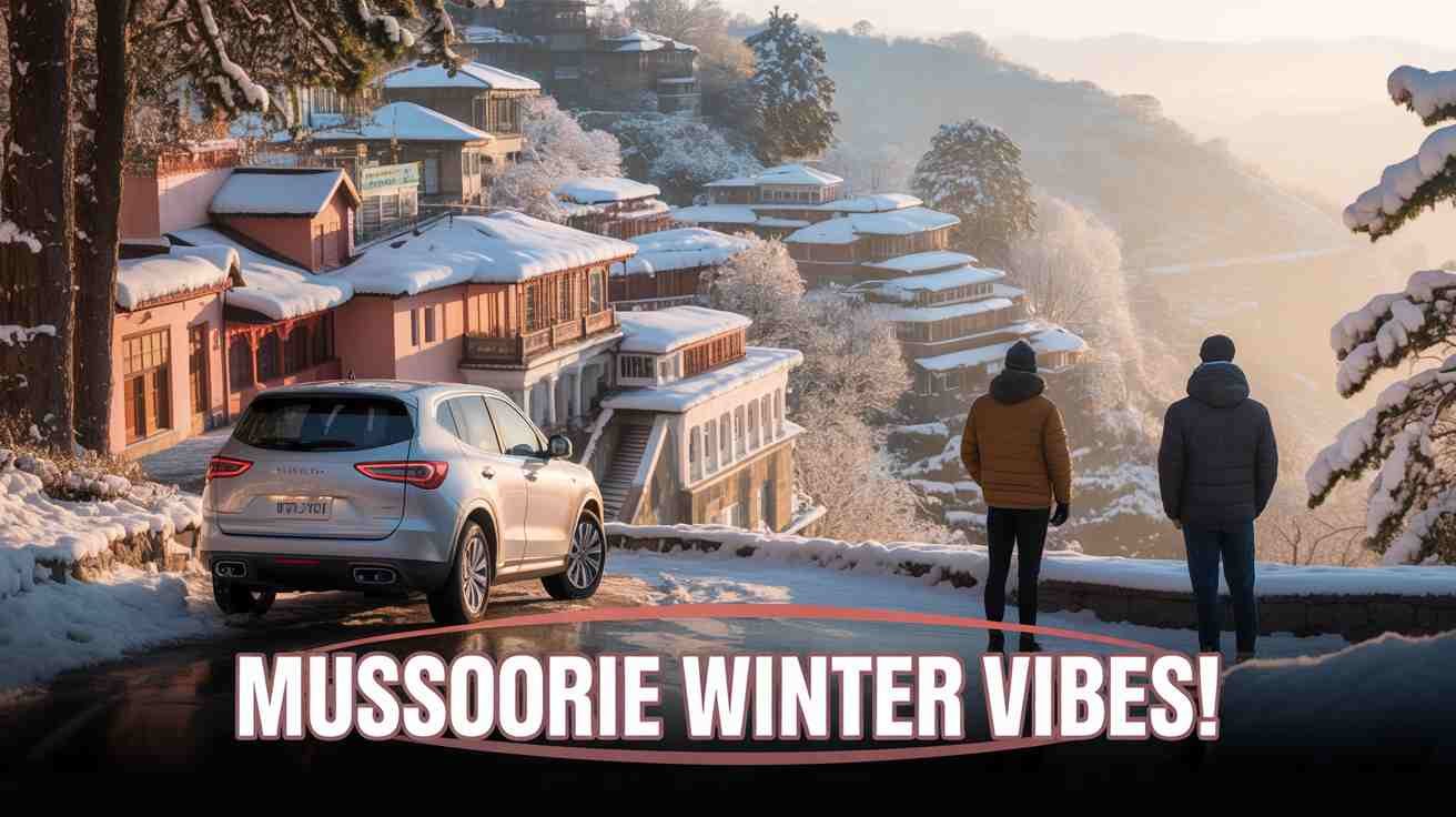 Mussoorie winter vibes with foggy pine forests, cold weather, and mountain views.