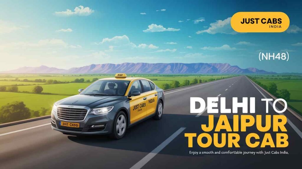 Delhi to Jaipur tour cab by GO MGT driving near Amber Fort, Rajasthan under clear blue sky.